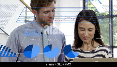 Analyzing two colleagues in blue shirt and striped blouse reviewing laptop at office data overlays Stock Photo