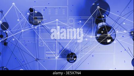 Connecting central glossy black spherical nodes floating in blue 3D visualization, with UI overlays Stock Photo