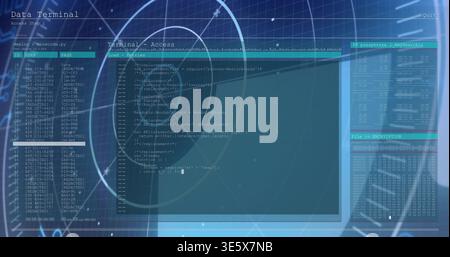 Displaying data terminal over server racks, showing code editor, left ID table, right IP panel, HUD Stock Photo