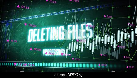 Displaying glowing DELETING FILES with PROCESSING on teal screen showing candlesticks and cyan bar Stock Photo