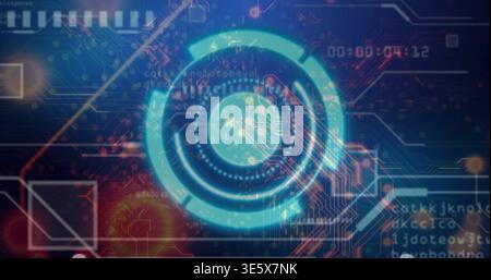 Pulsing central teal HUD rings emitting glow across digital control panel, showing code fragments Stock Photo