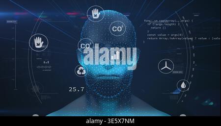 Displaying point-cloud bust projecting HUD overlays in virtual dashboard, showing 25 Stock Photo