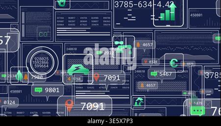 Displaying dense analytics dashboard streaming live data on dark navy canvas, with readouts, badges Stock Photo