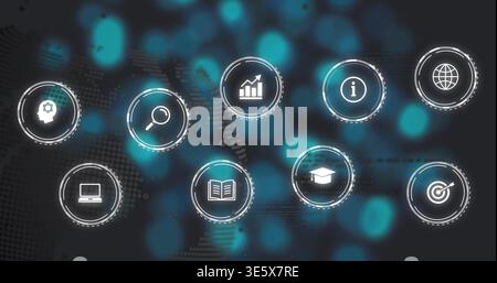Icons animating on load, pulsing rings highlighting search, charts and learning for global insight Stock Photo