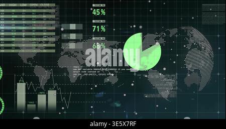 Displaying dark analytics dashboard in frame, showing dotted map, green pie, percent readouts Stock Photo