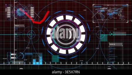 Displaying central multi-layered HUD projecting on digital control screen, with world map inset Stock Photo