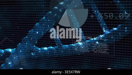 Displaying blue crystal DNA double helix in data lab, HUD showing COLLECTING DATA panel, percent Stock Photo
