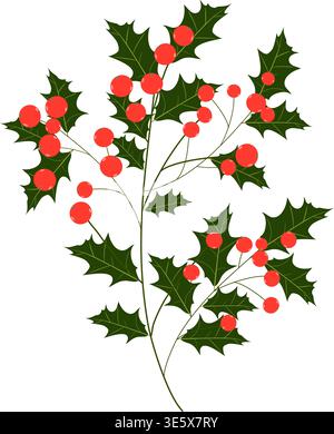 Festive holly branch with red berries and green leaves. Holiday vector illustration on transparent background Stock Vector