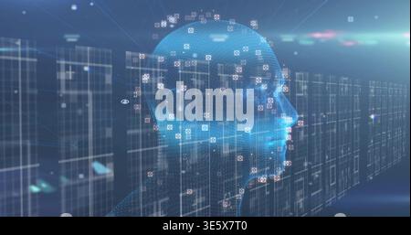 Displaying blue wireframe humanoid head presenting lit nodes in virtual grid, with floating icons Stock Photo
