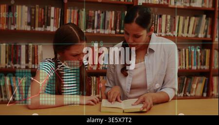 Pointing tutor in light shirt guiding child in striped tee at library table, book, shelves, overlay Stock Photo