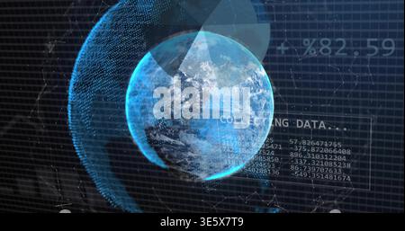Rotating Earth globe showing data on console, with wireframe hemisphere, rings, COLLECTING DATA Stock Photo