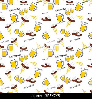 Seamless beer and sausage pattern on transparent background. Eat Drink text with grill sausages and beer mugs vector for pub and BBQ party Stock Vector