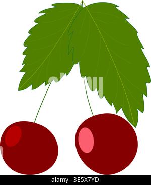 Two red cherry berries with green leaves vector illustration. Fresh garden fruit isolated on transparent background Stock Vector