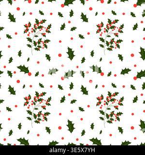 Seamless Christmas holly pattern on transparent background. Festive winter berries and green leaves repeat print for holiday packaging Stock Vector