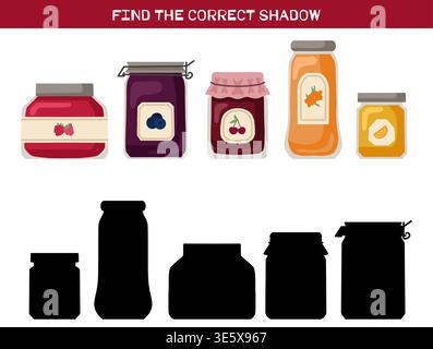 Educational game for children Find the correct shadow with jam jars and matching silhouettes below. Bright flat vector style for preschool worksheets, Stock Vector