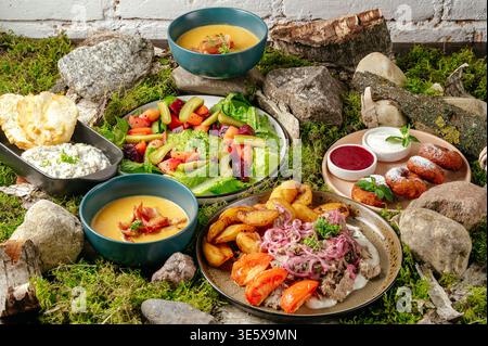 Assorted dishes in a restaurant on a moss bed Stock Photo