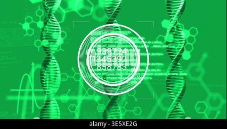 Displaying HUD or reticle with numeric readouts overlaying virtual lab interface, showing DNA helix Stock Photo