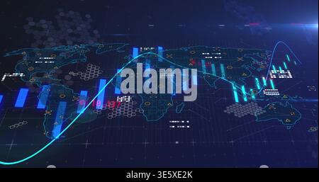 Displaying global map animating turquoise curve and cyan bar charts on holographic dashboard Stock Photo