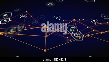 Rendering golden nodes forming glowing lines on dark gradient, showing hex CO2 plug bolt leaf icons Stock Photo