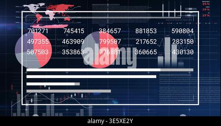 Displaying central white data panel showing dual pie charts bars line and numeric labels on monitor Stock Photo