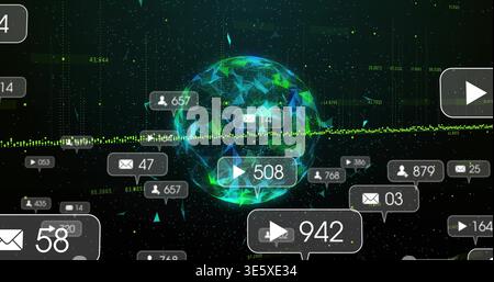 Glowing low-poly globe pulsing center of virtual hub, showing user, mail, play icons and counters Stock Photo