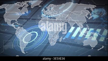 Displaying stylized world map pulsing on dashboard, with concentric radar rings over South America Stock Photo