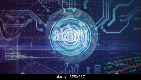 Rotating central holographic globe projecting HUD overlays in virtual dashboard, with cyan rings Stock Photo