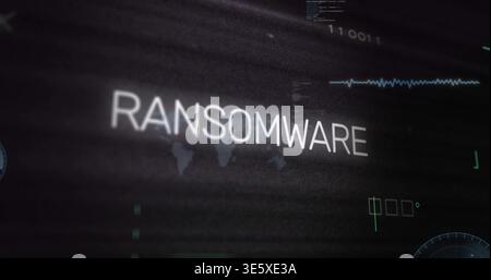 Displaying large RANSOMWARE label centered on computer display, showing world map, waveform, radar Stock Photo