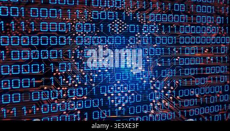 Displaying centered PCB in macro view showing binary overlay with microchip and copper traces Stock Photo