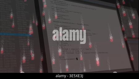 Displaying central monitor showing terminal with binary overlay at developer desk, angled monitors Stock Photo