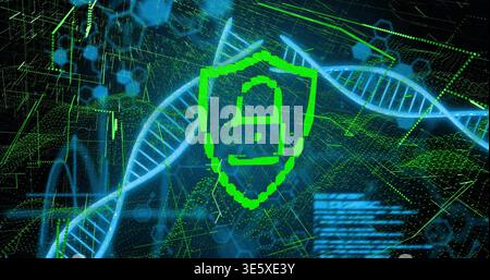 Displaying green shield with padlock glyph occupying center in cyber UI, with neon DNA and grid Stock Photo