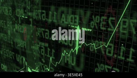 Showing green dotted line stock chart rising on market screen, with upward arrow marker, tickers Stock Photo