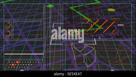 Displaying complex dark-themed dashboard at center, showing line graphs, gauges 563, wireframe map Stock Photo