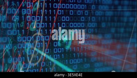 Streaming rows of binary digits scrolling across abstract interface, with gridlines and faint face Stock Photo