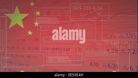 Displaying Chinese flag motif overlaying market UI graphic, with charts, numbers, yellow stars Stock Photo