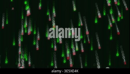 Cascading centered binary code streams flowing down virtual screen, with glowing digits, red blocks Stock Photo