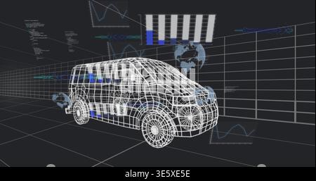 Displaying white wireframe van model rotating in virtual 3D modeling space, showing HUD charts Stock Photo