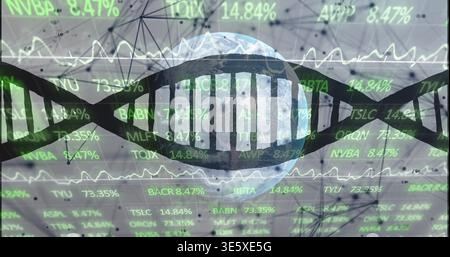 Displaying dark DNA helix spanning globe in data dashboard, with green tickers and waveforms Stock Photo