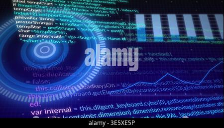 Displaying circular digital HUD pulsing above code editor and tiled grid, showing blue line graph Stock Photo