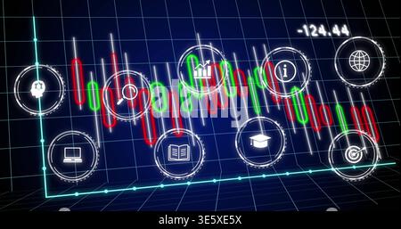 Displaying candlestick chart running on 3D grid with dashed icon markers, cyan baseline -124 Stock Photo