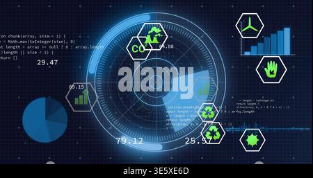 Displaying circular radar-like HUD sweeping on dark blue grid, with hex icons and numeric readouts Stock Photo