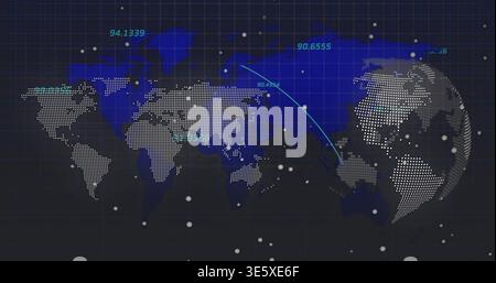 Showing dotted world map and 3D globe on dark monitor, displaying blue trajectory and coordinates Stock Photo