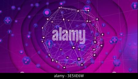 Rotating wireframe geodesic sphere pulsing in virtual health data space, with glowing icon nodes Stock Photo