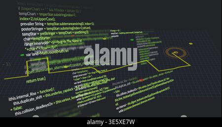 Floating stacked angled code panels traversing dark 3D grid plane, with yellow path and target node Stock Photo