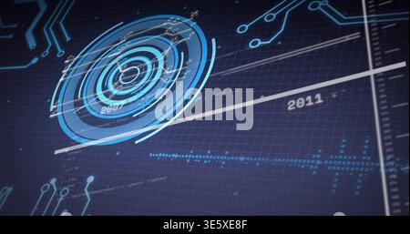 Displaying concentric circular HUD reticle rotating on dark blue grid plane, with timeline 2011 Stock Photo