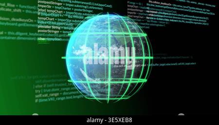 Rotating holo globe showing Earth with neon-green grid in virtual interface, with floating code Stock Photo