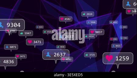 Floating notification cluster drifting across dark network, with neon counters and heart icons Stock Photo