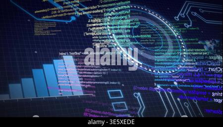 Projecting hologram brain streaming nodes and scrolling code over grid plane, with bar chart Stock Photo