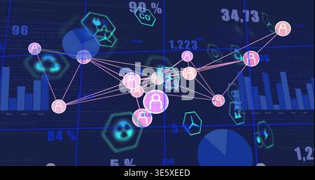 Displaying central network graph on data dashboard, showing pink purple nodes, links, metrics Stock Photo