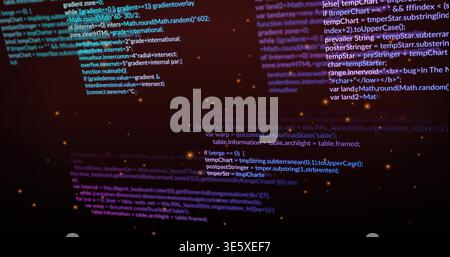 Floating monospace JS code panels in dark gradient, showing orange bokeh and cyan highlights Stock Photo